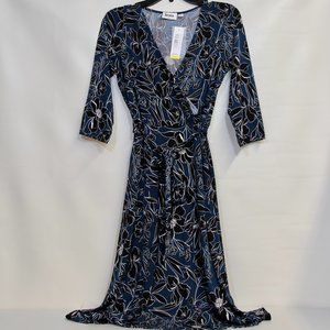 Leota Women's Aria Wrinkle-Free Mid Sleeve Blue & Black Floral Wrap Dress Size S